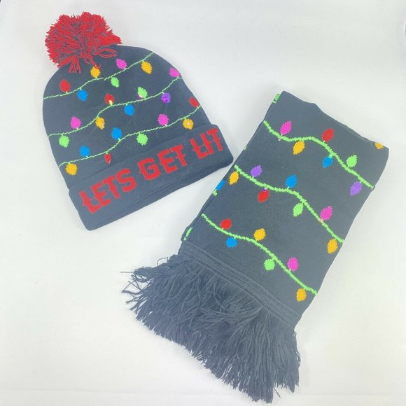 unbranded Accessories - Ugly Sweater Multicolor Light Up Beanie Hat and Scarf Set "Let's Get Lit" Xmas